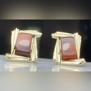Vintage Coro Brown Agate Clip On Earrings Gold Tone